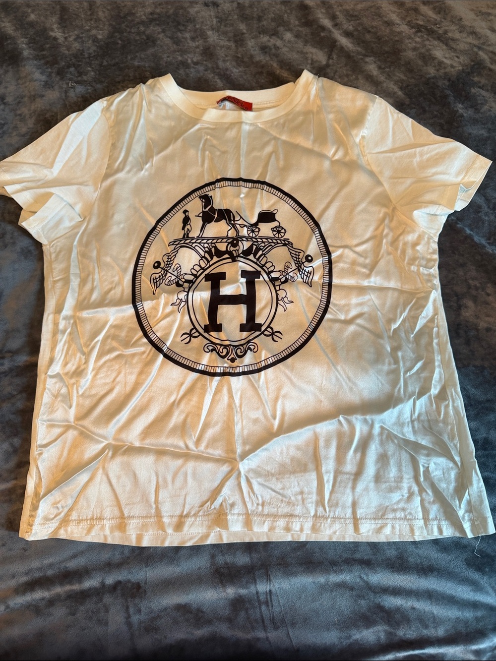White Short Sleeve Tee with Black Emblem - Women's Top